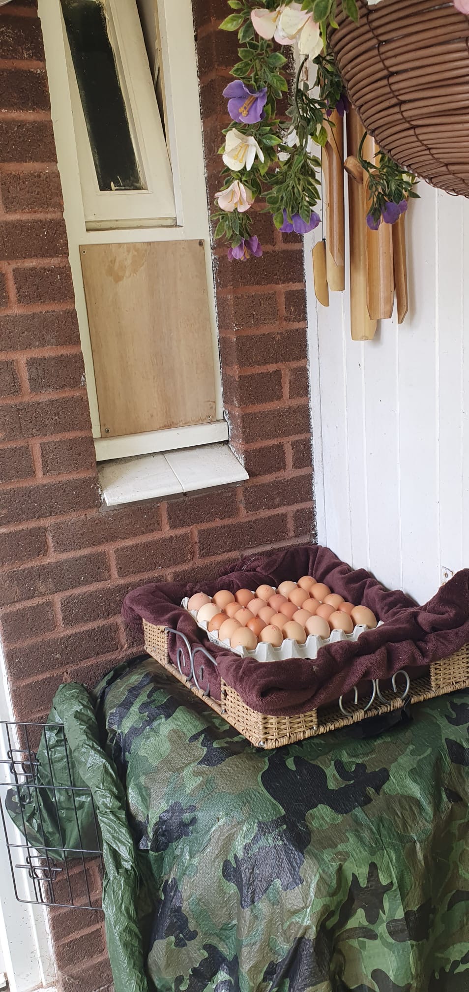 Tray of brown eggs in a wicker basket